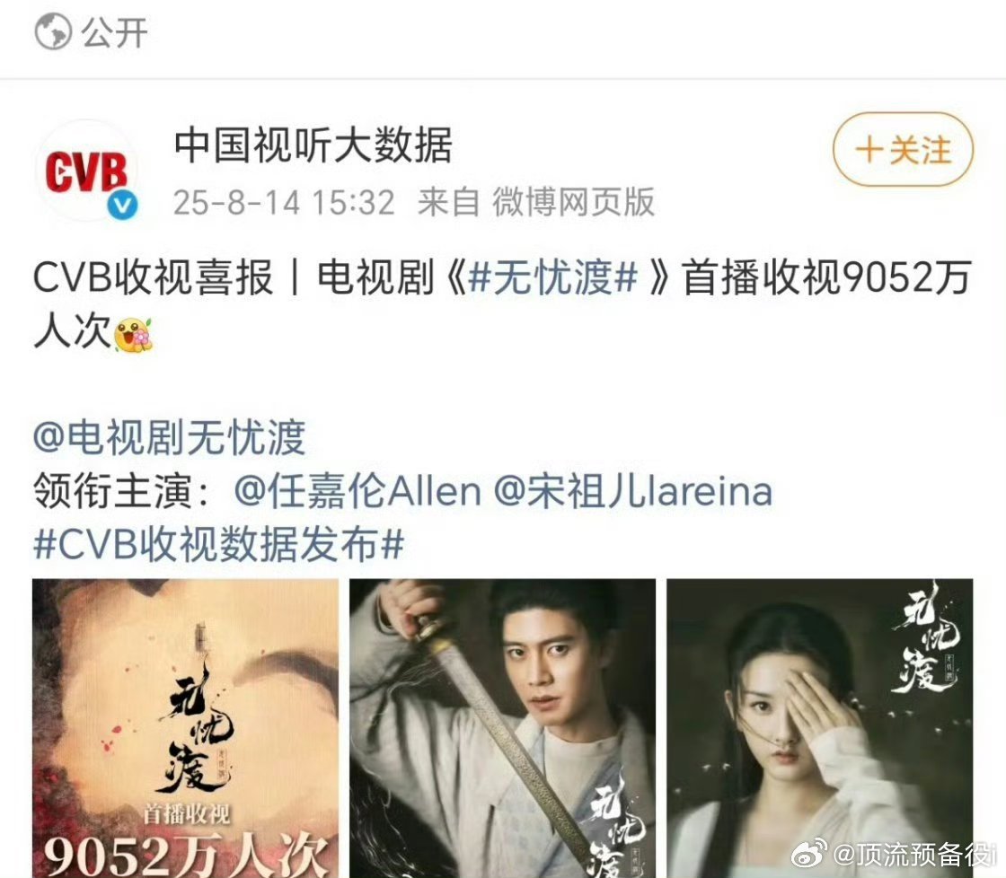 OMG任嘉伦宋祖儿《无忧渡》首播收拾人次超9000万！！这剧的观众盘真的很大[彩