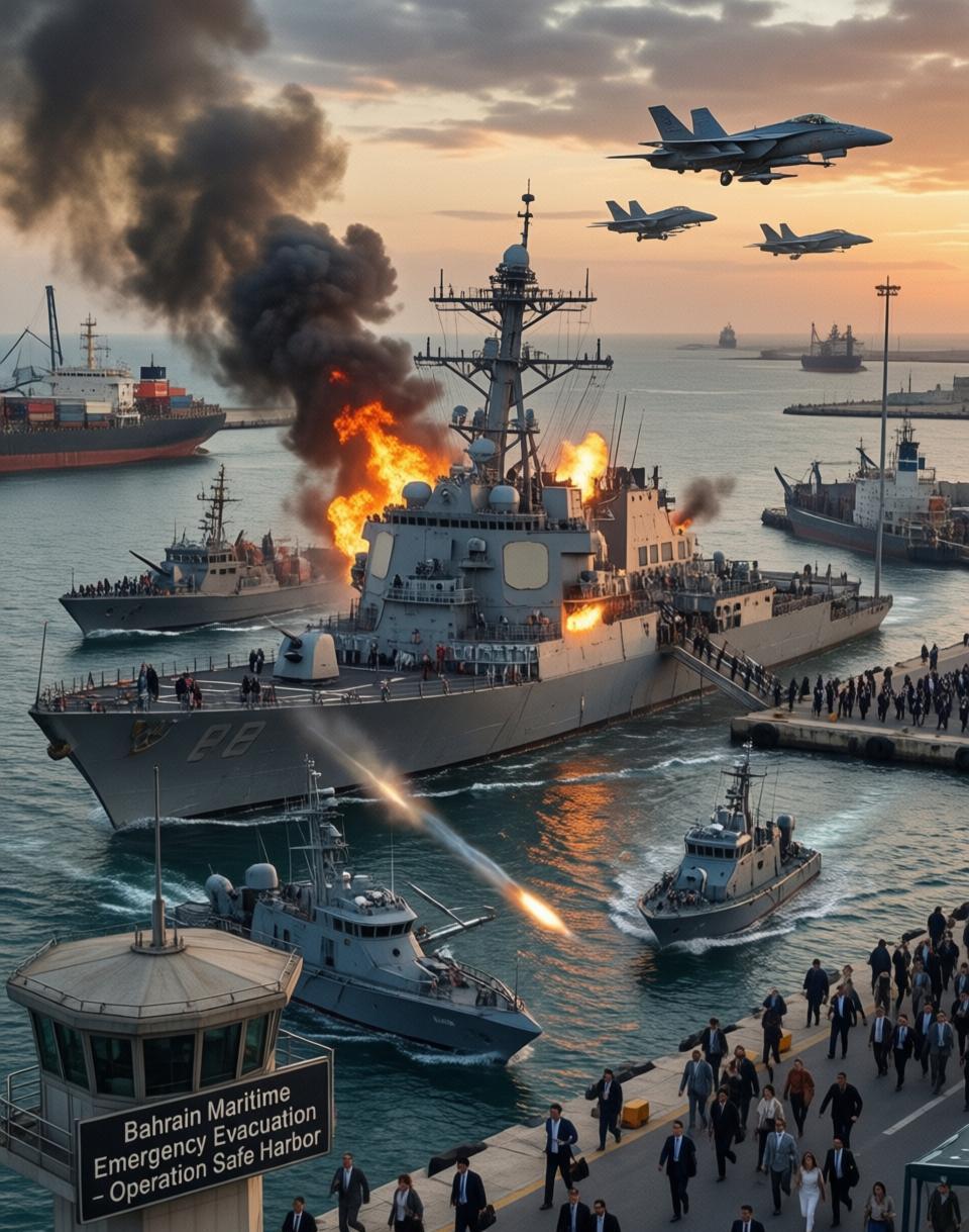 美军第五舰队的基地，在巴林，被导弹命中了。全国防空警报响成一片，紧接着五角大楼那