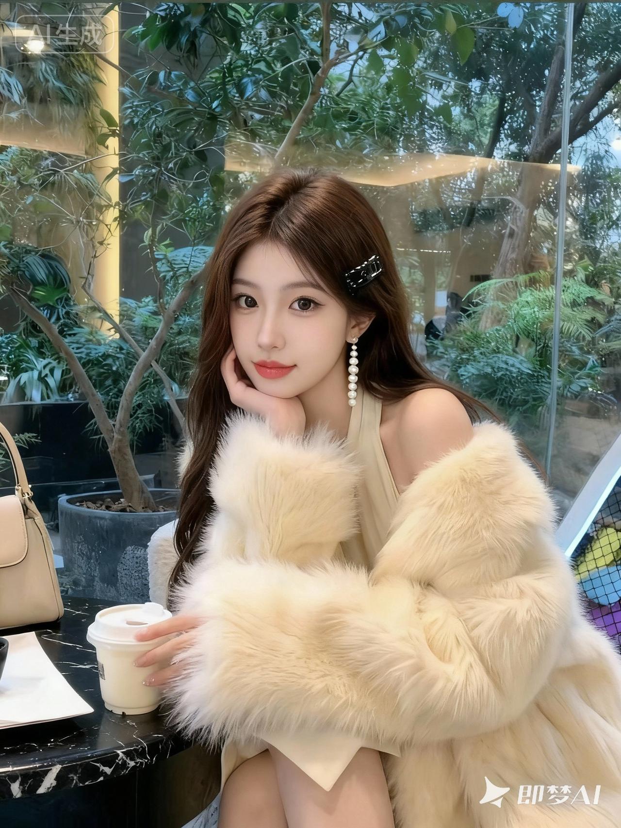 一位年轻的中国美女，鹅蛋脸，精致的五官，大眼睛，化着温柔的纯欲妆容，唇色是浅豆沙