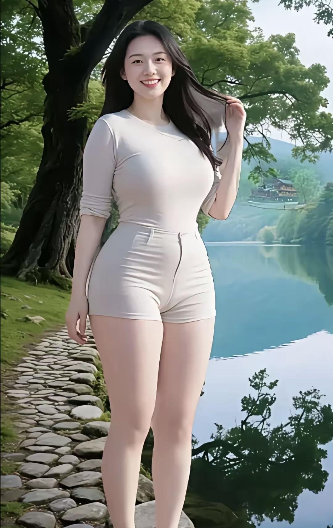 《夏日的靓女》浅米色漫过石径像阳光揉碎了一块云落在湖畔的风里指尖勾住发丝