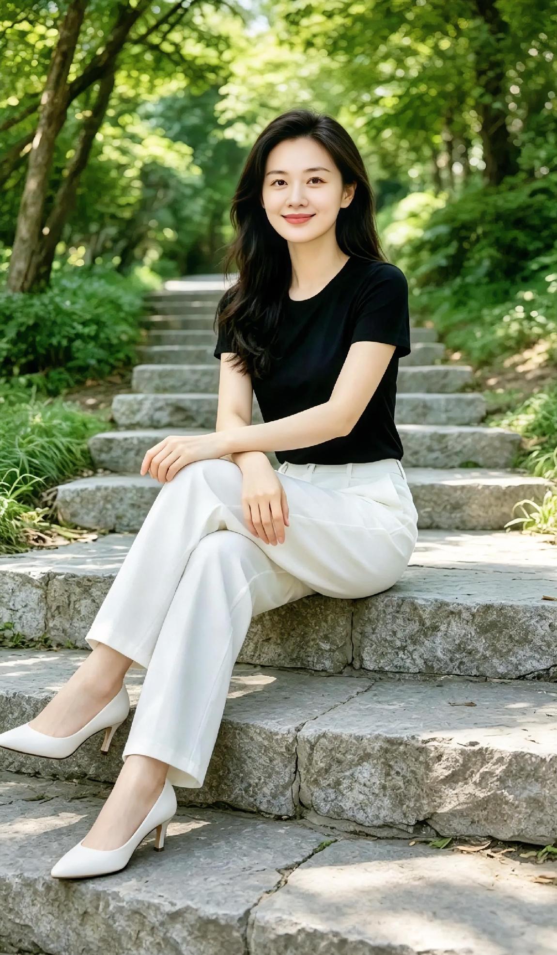 绿树掩映着石阶，一抹黑白，清新了夏天。长发随风轻摆，笑容温暖。