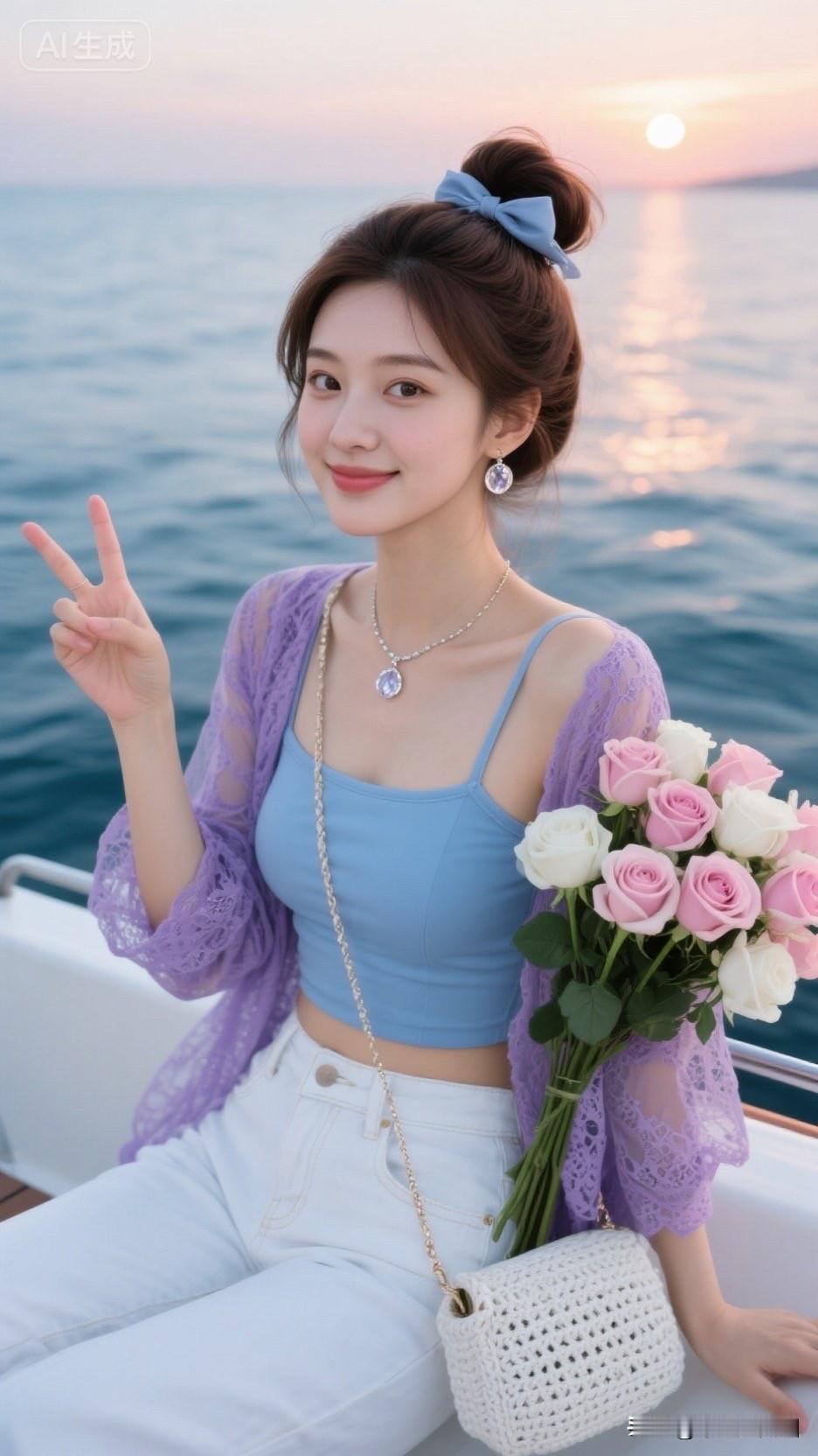 海边少女与花束，微笑比V，浪漫海风
