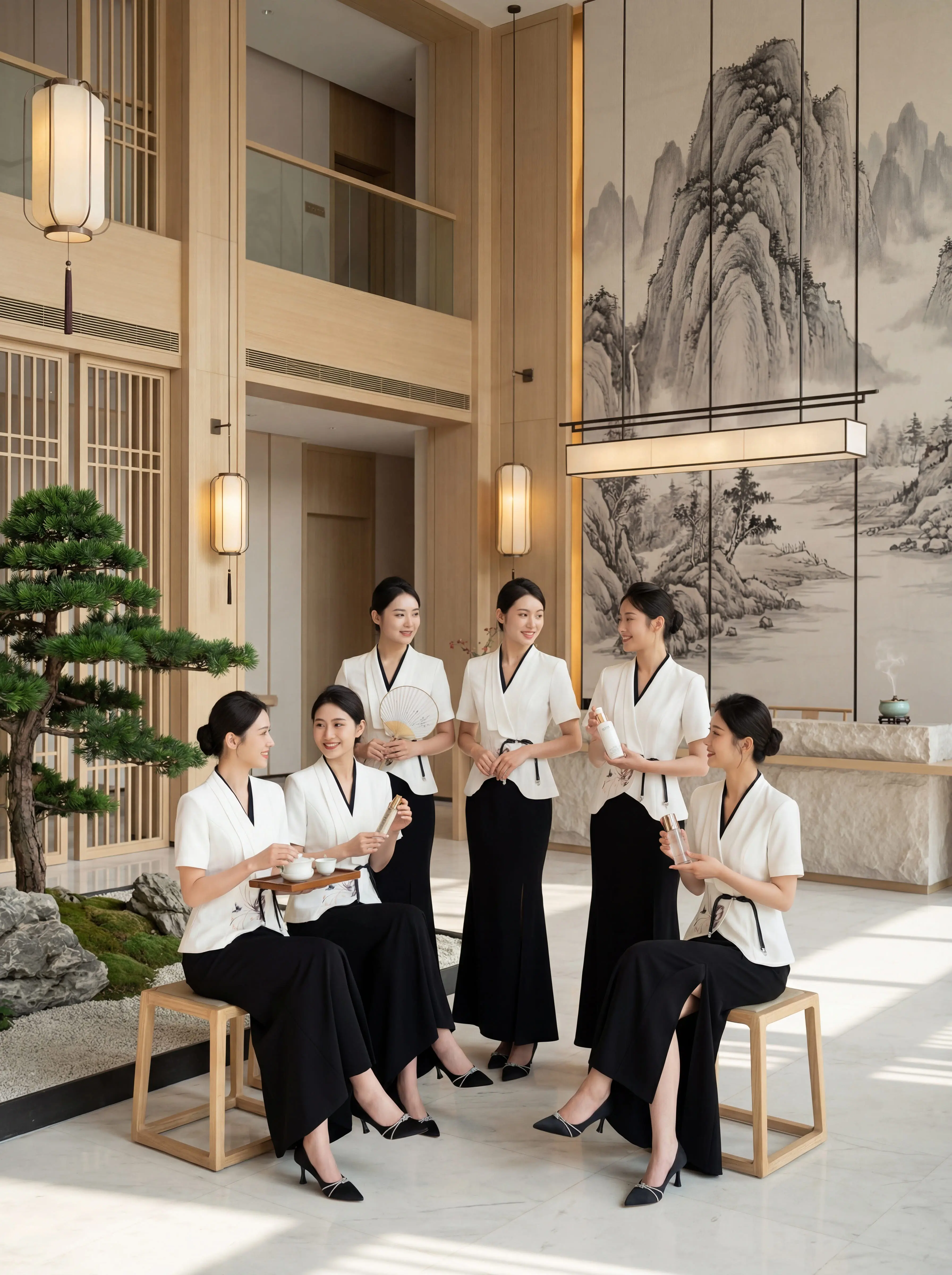 这套黑白配新中式职业装真的太绝了。V 领收腰上衣 + 鱼尾开叉长裙，显...