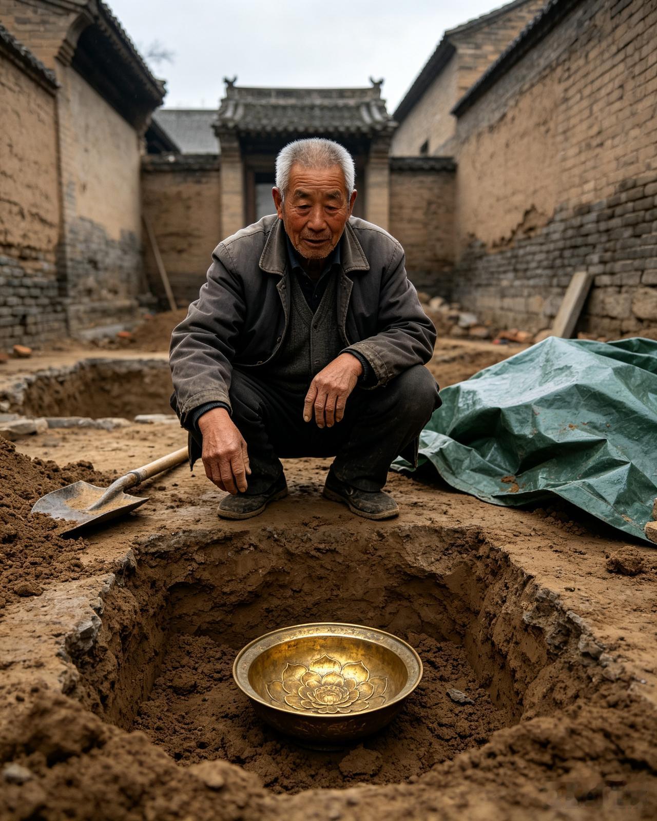 山西68岁老人李满囤翻修自家老宅，挖地基挖出一件鎏金古盆，他没有私藏，选择上报博