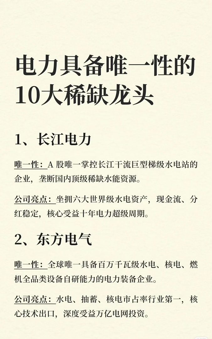 电力具备唯一性的十大稀缺龙头仅供行业梳理，不构成任何投资建议！