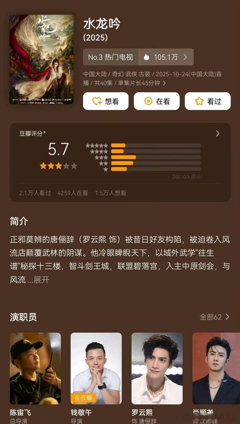 罗云熙、肖顺尧《水龙吟》豆瓣开分5.7​​​​​