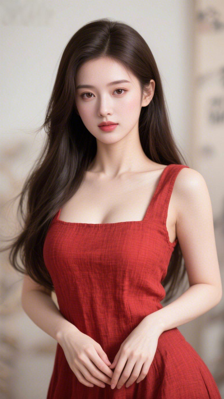 《红裙裹着轻软时光》风掠过发梢时，她立在浅淡光影里，一袭红裙像浸了暖光的棉