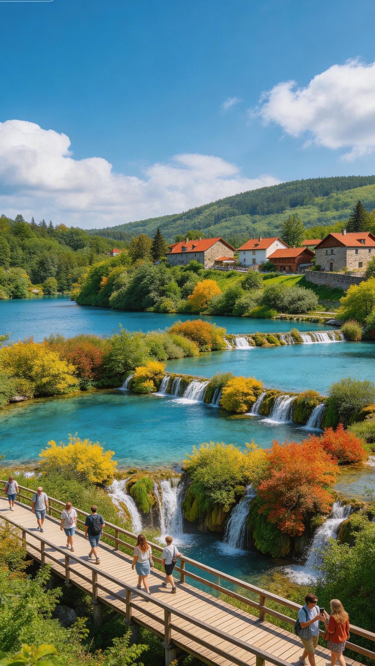 人们正在木桥上欣赏美丽的瀑布。