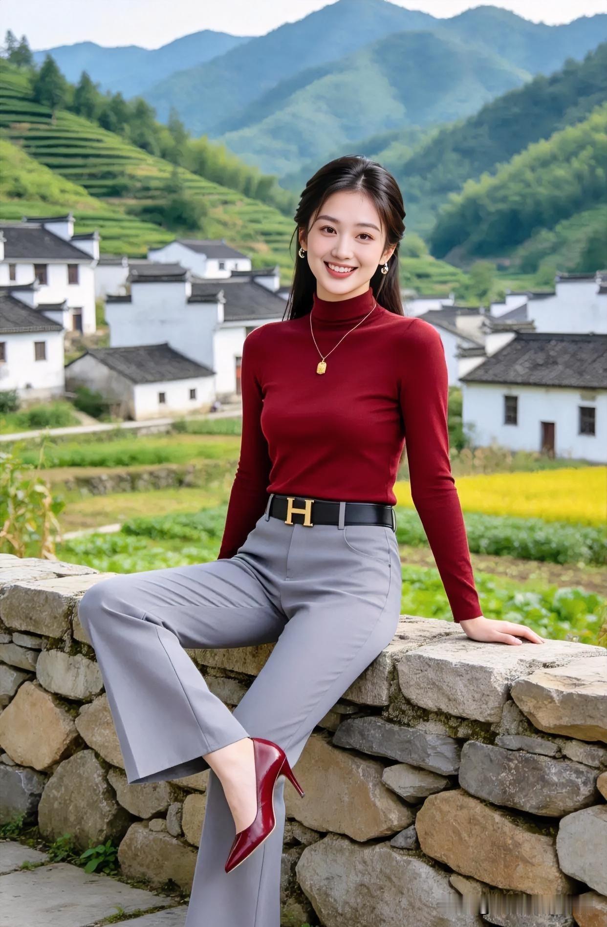 白墙黛瓦间，一袭酒红点亮了江南的诗意。石墙之上，笑靥明媚如秋阳，将都市的干练与田