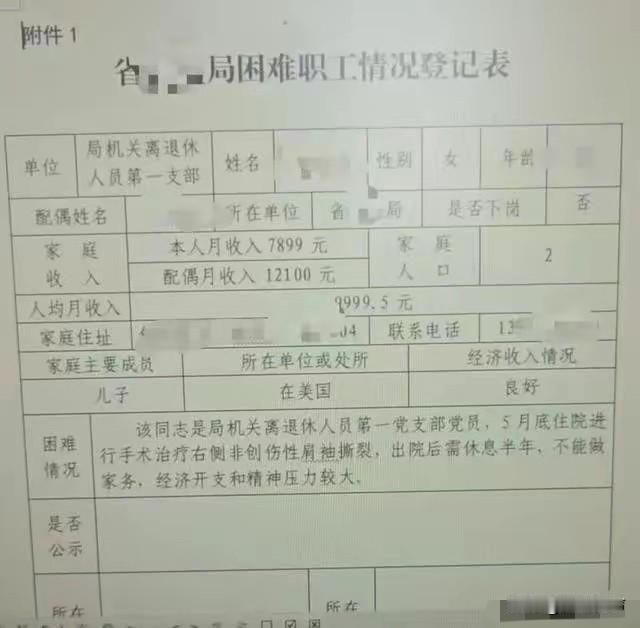 安徽，大妈填了一份职工困难情况登记表，但大妈月入7899元，老伴月入12100元