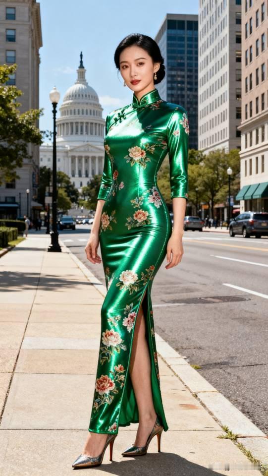 记录我的2026绿色旗袍美女美国街头摆拍，弘扬中国旗袍文化。旗袍旗袍美女高雅