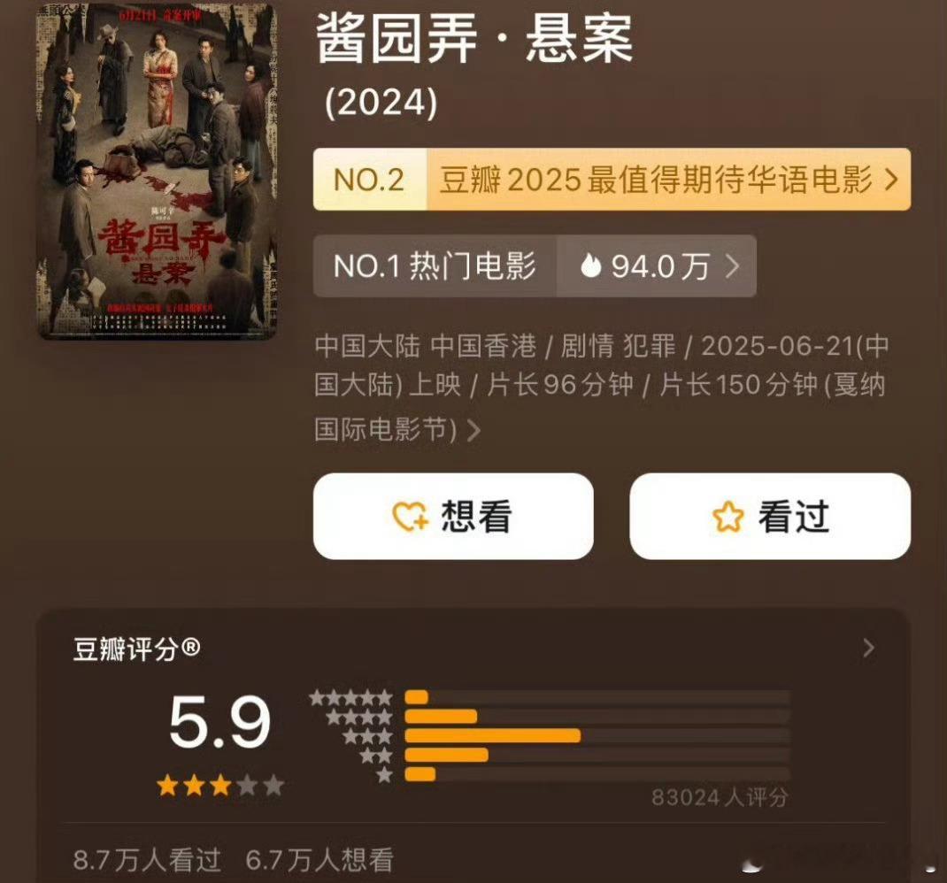 酱园弄db分5.9…[doge]真的不咋样的片子…杨幂口碑在前期翻盘了一点，但随着影