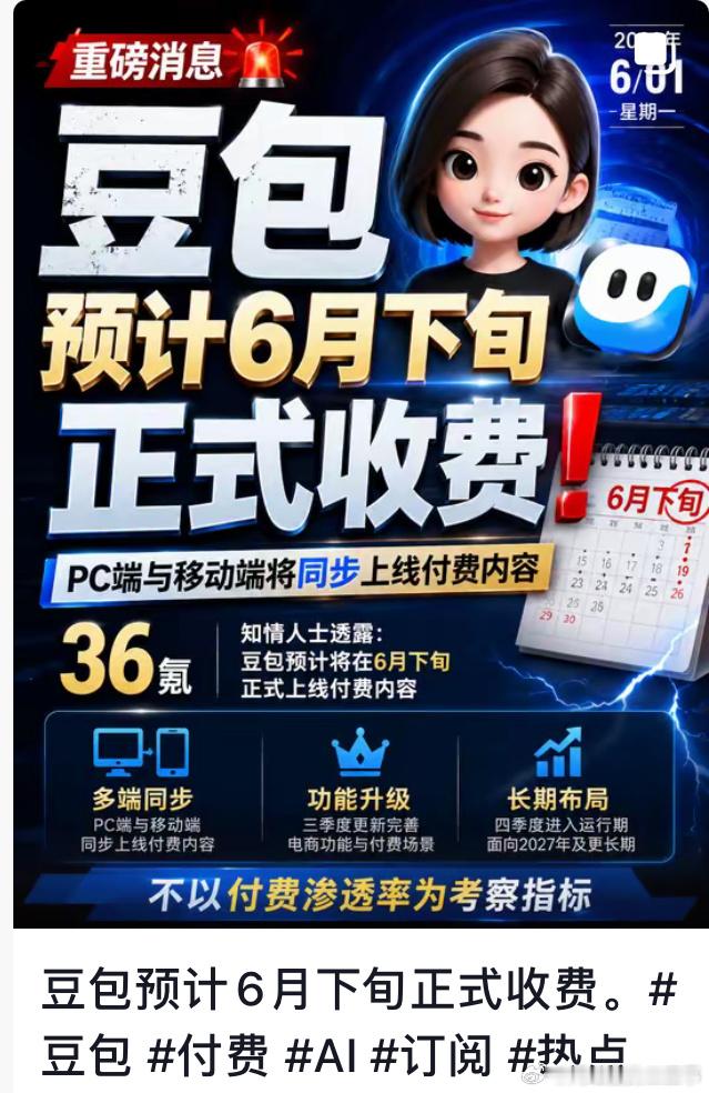 豆包免费部分豆包预计将于2026年6月下旬正式收费，PC端与移动端将同步上线付费