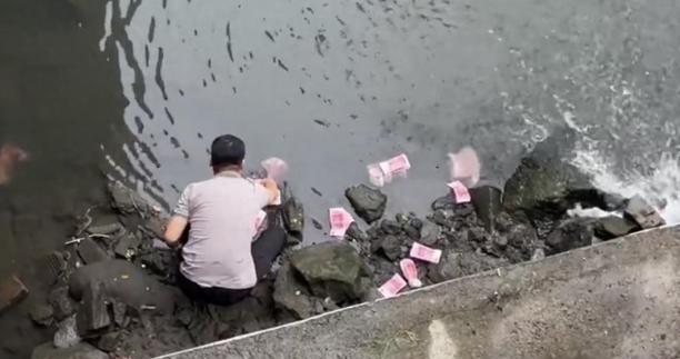 深圳一河道惊现大量成扎的钞票，视频里一个穿黑T恤的大哥拿着塑料袋全给捞走了，围观