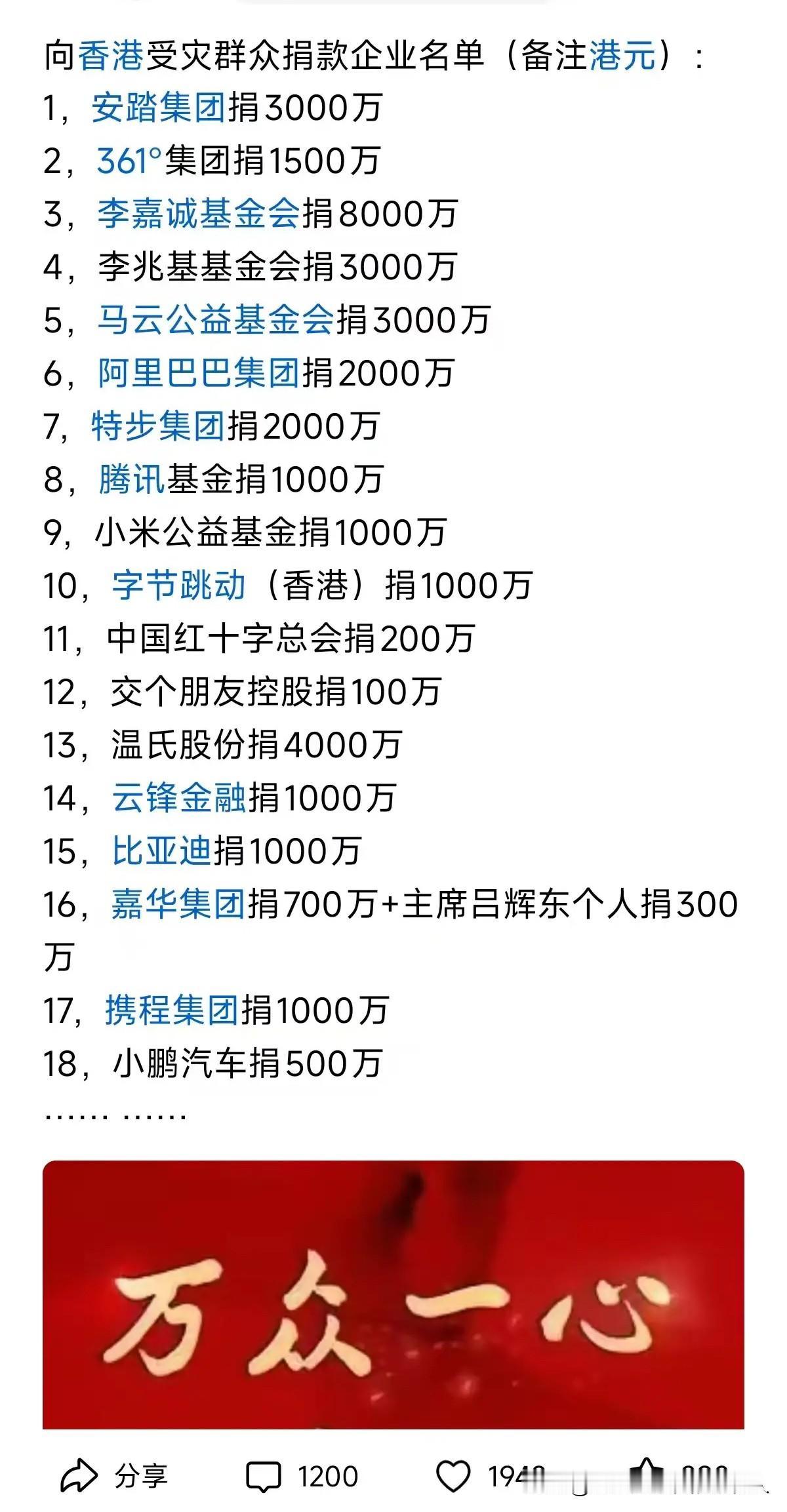 李嘉诚基金会捐8000万港元，我不意外；阿里巴巴加马云捐5000万港元，我也不意