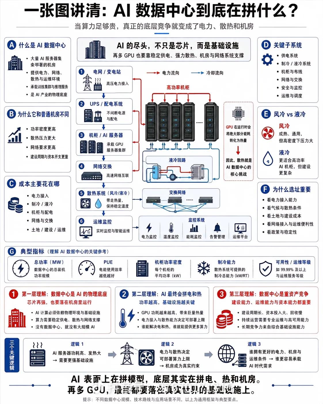 AI数据中心核心逻辑解读核心结论：AI表面比拼芯片与模型，底层真正比拼的是