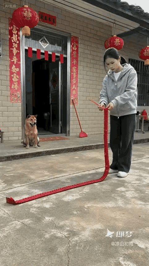 （视频源于网络）狗拖鞭炮[笑着哭]大年初一放鞭炮，狗狗看见往家叼；人话它