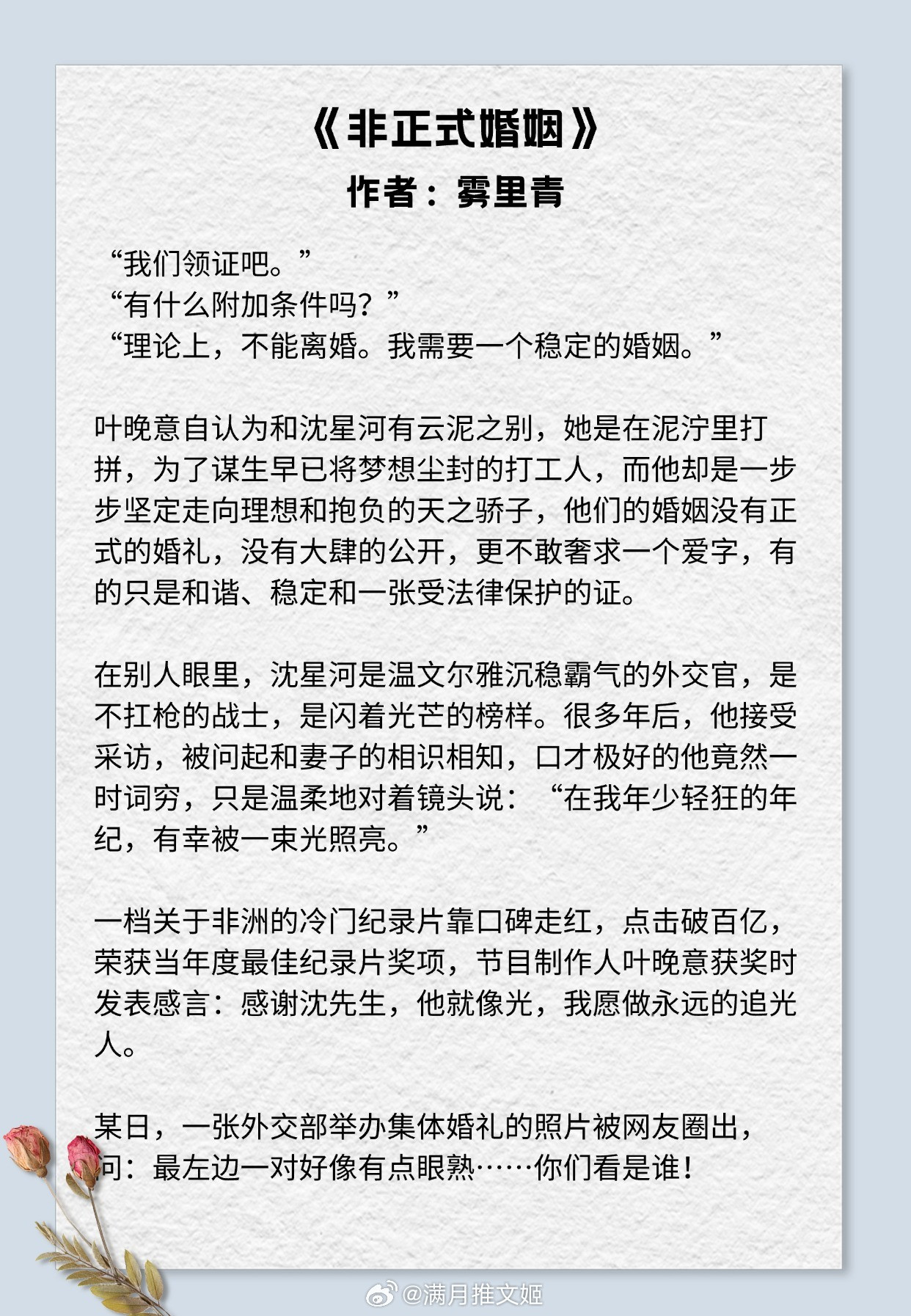 【外交官男主文】在世界每个角落，寄来我对你的爱。《非正式婚姻》作者：雾里青《与渡