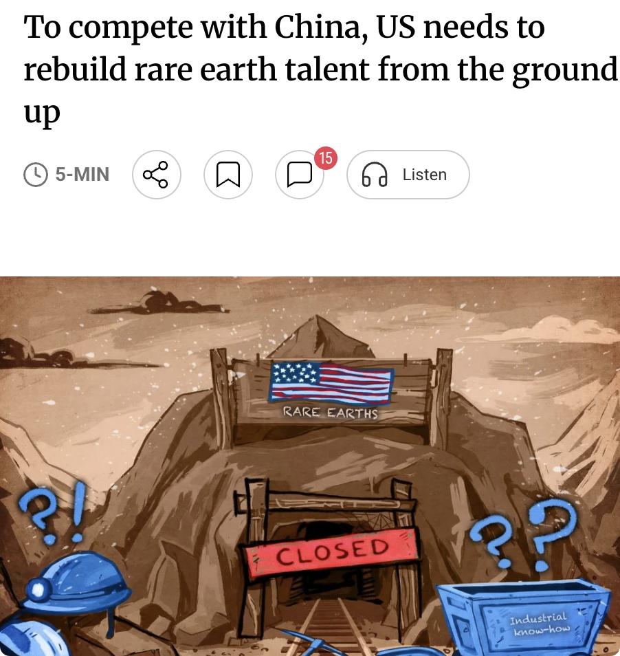 外媒：美国稀土竞争之困：人才短缺或比资源缺口更难解美国寻求摆脱对中国稀土和关