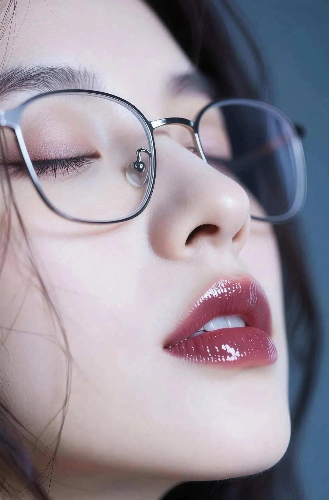 袁冰妍闭着眼，似陶醉于松弛境界。金属边框眼镜衬出温婉，发丝轻拂，如微风吻过。水润