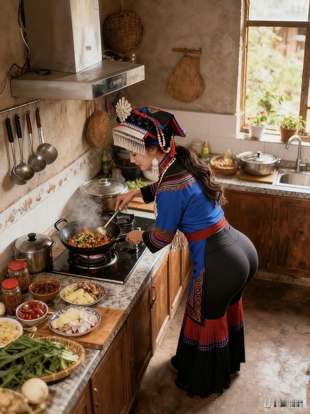 哇，彝族的姑娘做饭都要穿得这么性感漂亮吗？这饭菜看着真让人眼馋啊！