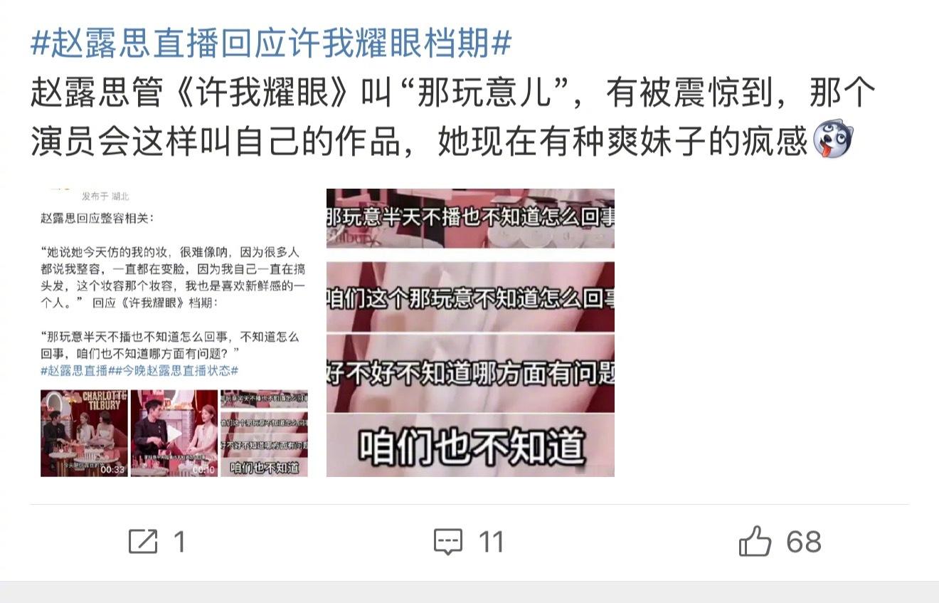 网友说赵露思现在有一股爽妹子的疯感，她的风评似乎也降低了…赵露思直播回应许我耀眼