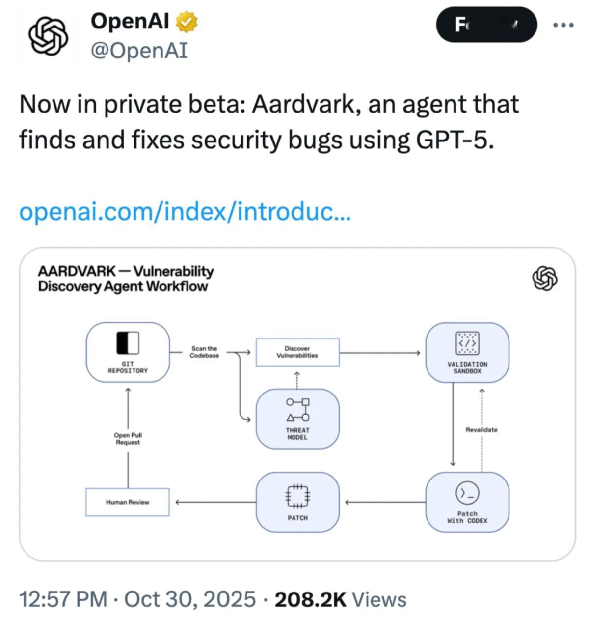 OpenAI又整了个狠活:Aardvark。这是一个能自己找漏洞、自己修代码的