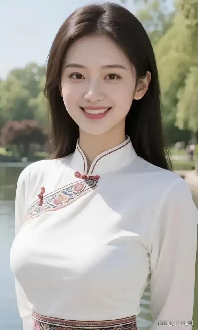 白衫绣着彩纹的雅，盘扣轻锁湖岸的风，笑涡里盛着春林的软光。气质盘扣温柔盘扣