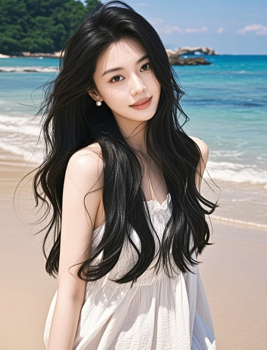 宁静的沙滩，长发少女在海风中绽放优雅与温柔