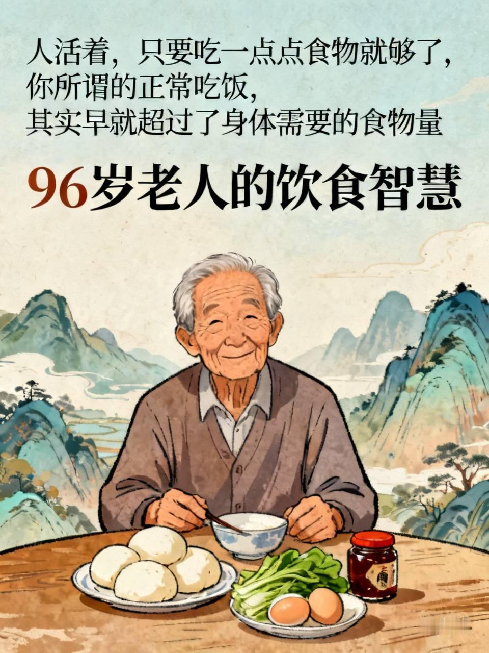 一位96岁的长寿老人说：“人活着，只要吃一点点食物就够了，你所谓的正常吃饭，其实