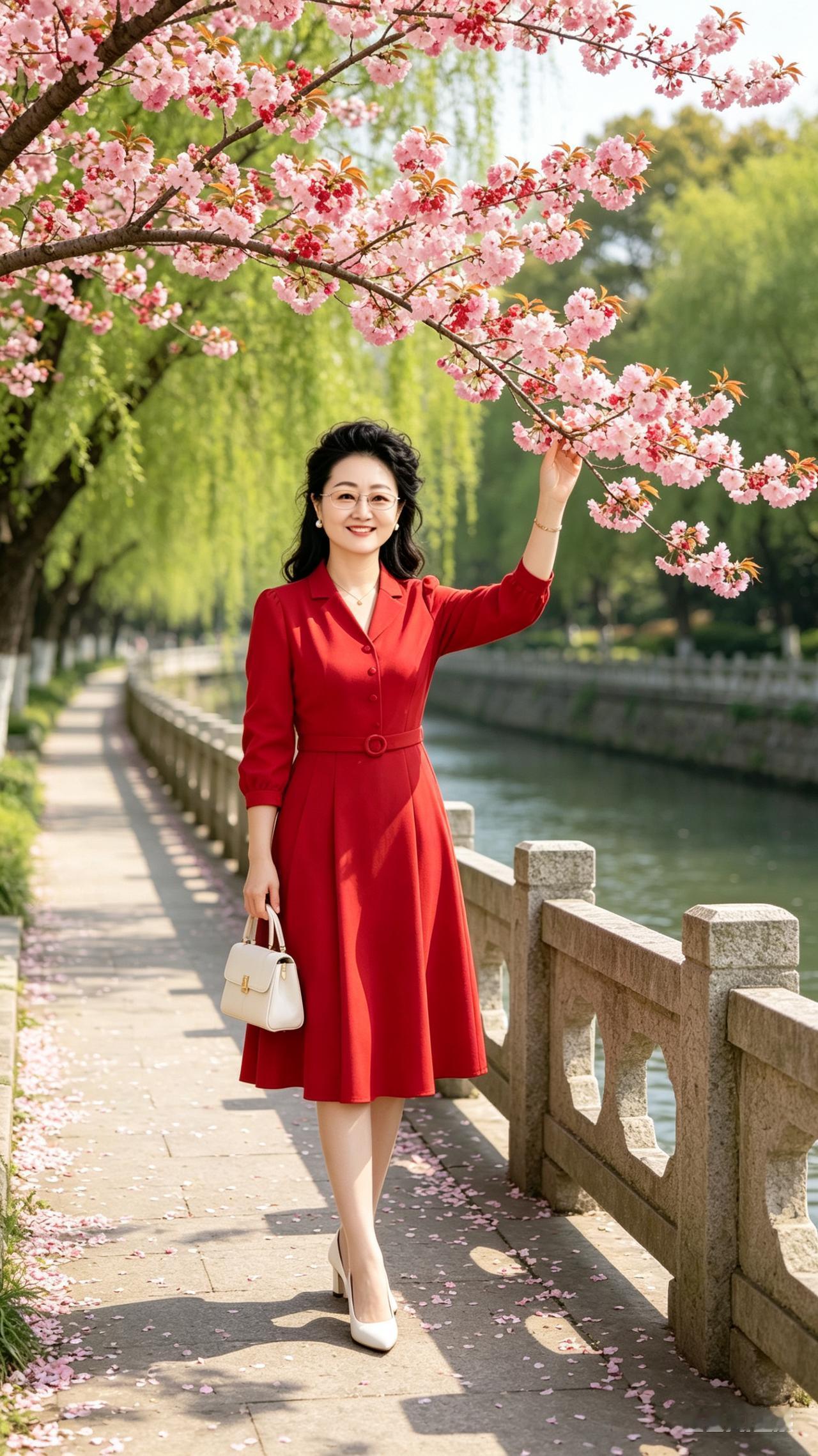 河畔佳人缓步游，嫣然一笑解千愁。眉眼灵动风姿俏，自在欢愉乐悠悠。漫步微笑1
