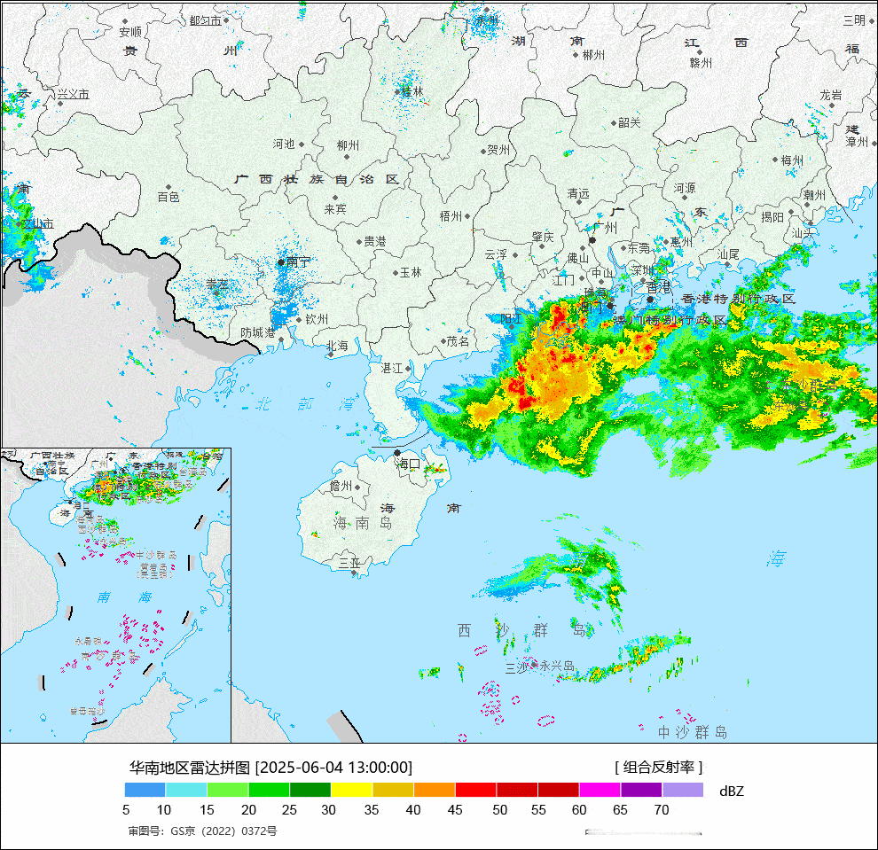 【对流追踪】今天下午在南海北部到珠江口一带，对流活跃，广东斗门出现了短时强降雨，