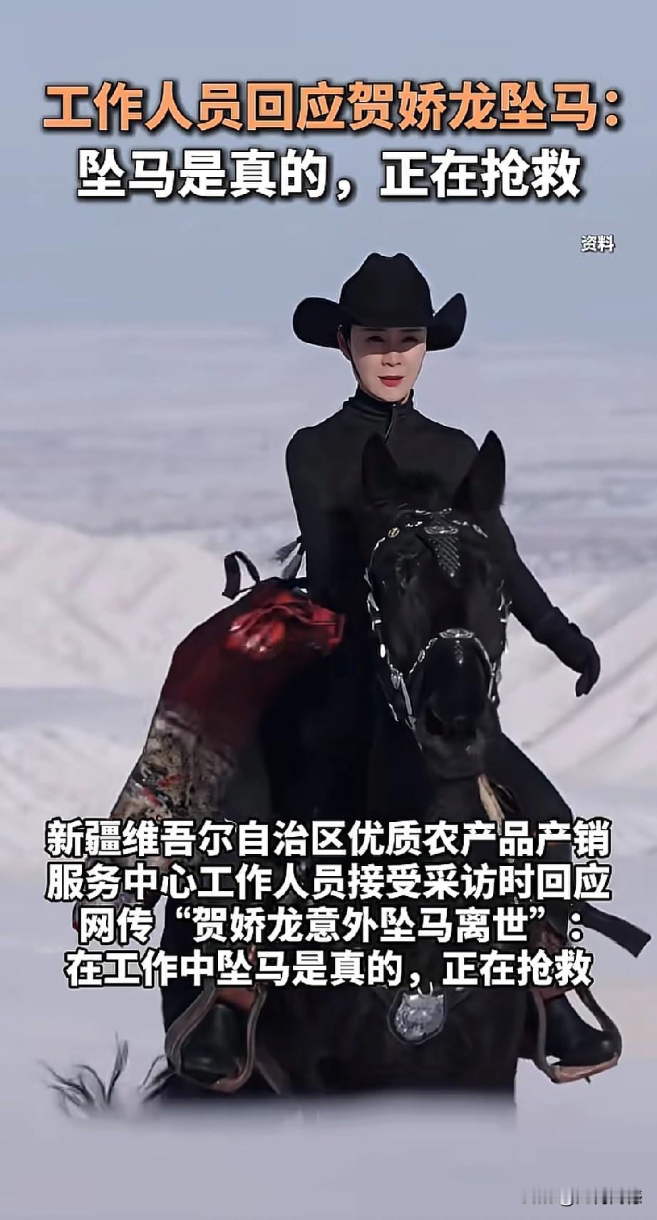 网传贺娇龙离世的消息，现在已经得到公开的回应，工作中落马是真实的，人已经受伤，现