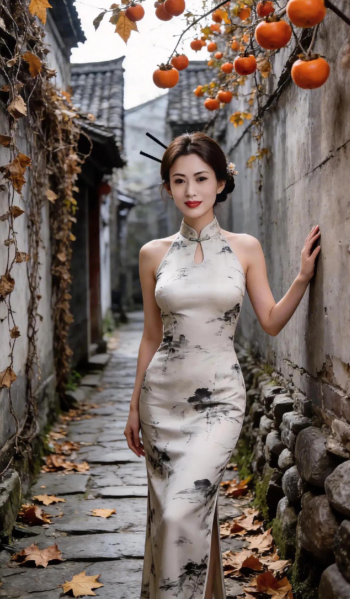 黛瓦白墙的深巷里，水墨旗袍裹着东方韵致。枝头红灯笼似的柿子缀满秋光，与鬓边簪花相