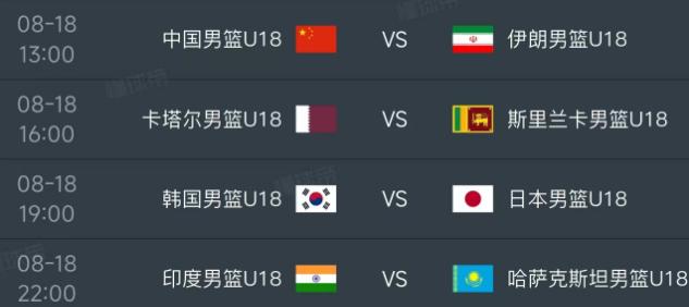 北京时间8月18日，U18亚洲杯男篮小组赛C组和D组迎来第三轮的较量，赛程如下：