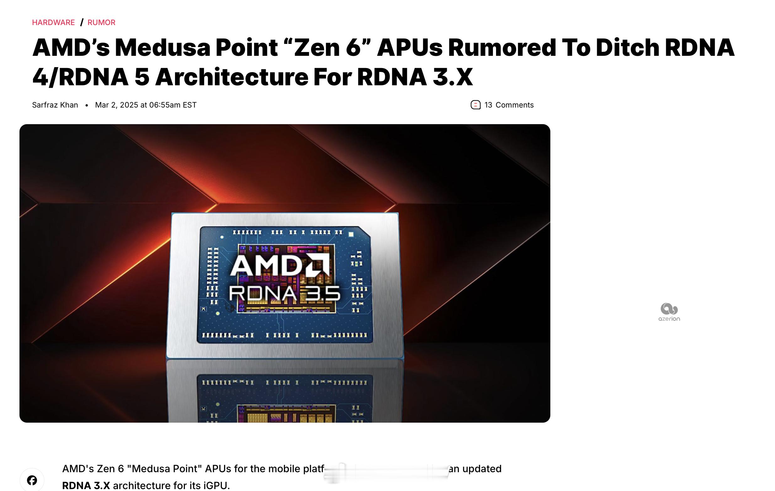 AMD下一代APU还要祖传RDNA3.5啊，真是好奇怪。我看着RDNA4的面积