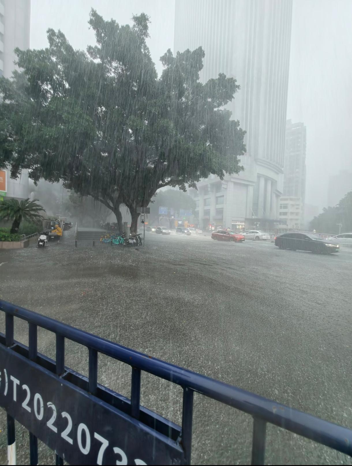 广州，瓢泼大雨，连续收到6条红色暴雨警告，广州排水系统跟二三线城市无区别。在路上
