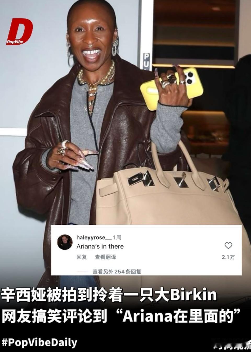 网友搞笑评论：Ariana在辛西娅的大Birkin里CynthiaErivo