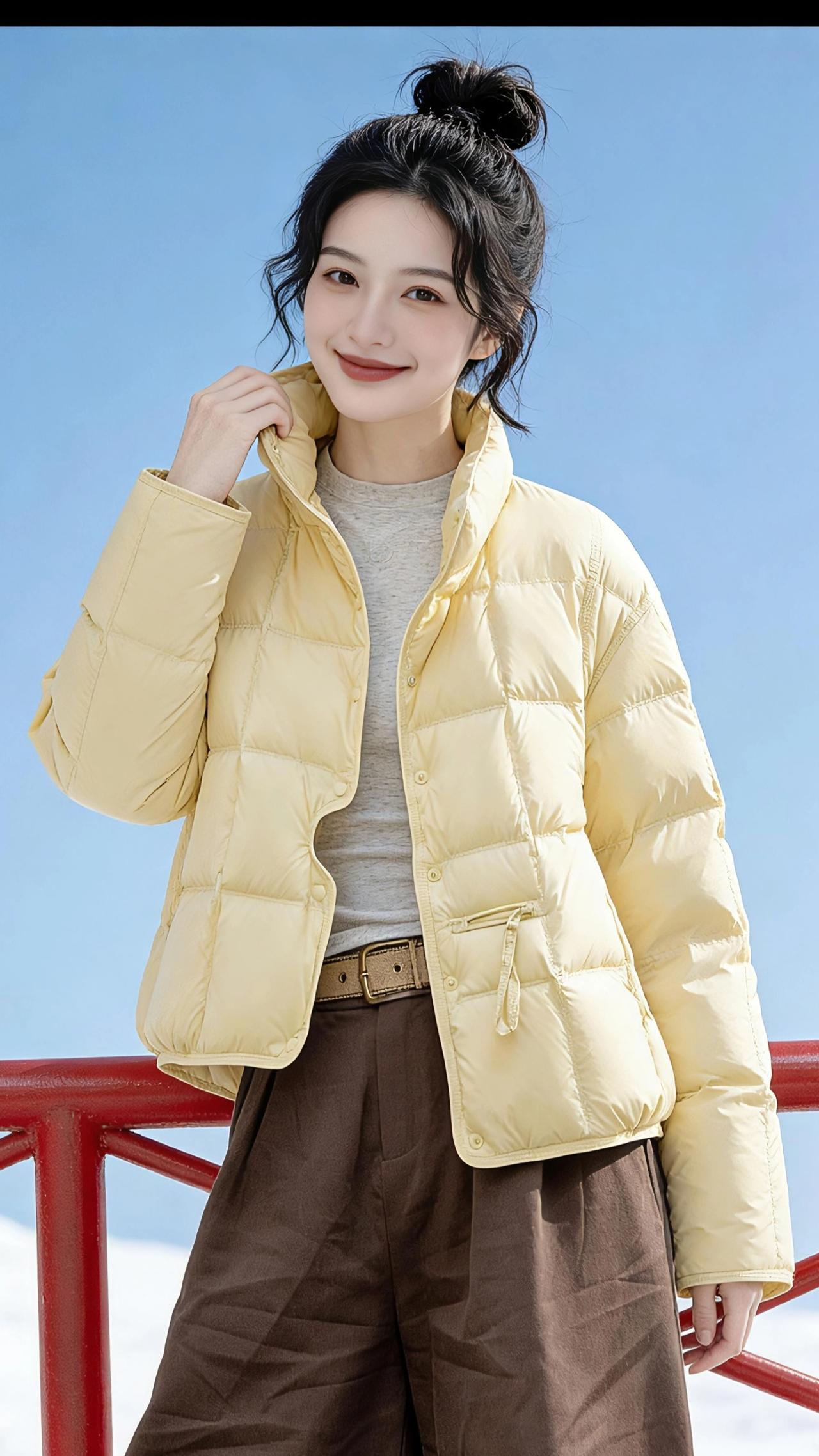 冬日里的一抹暖黄在澄澈如洗的蓝天之下，她像一阵轻快的风，撞进了这片纯白的雪