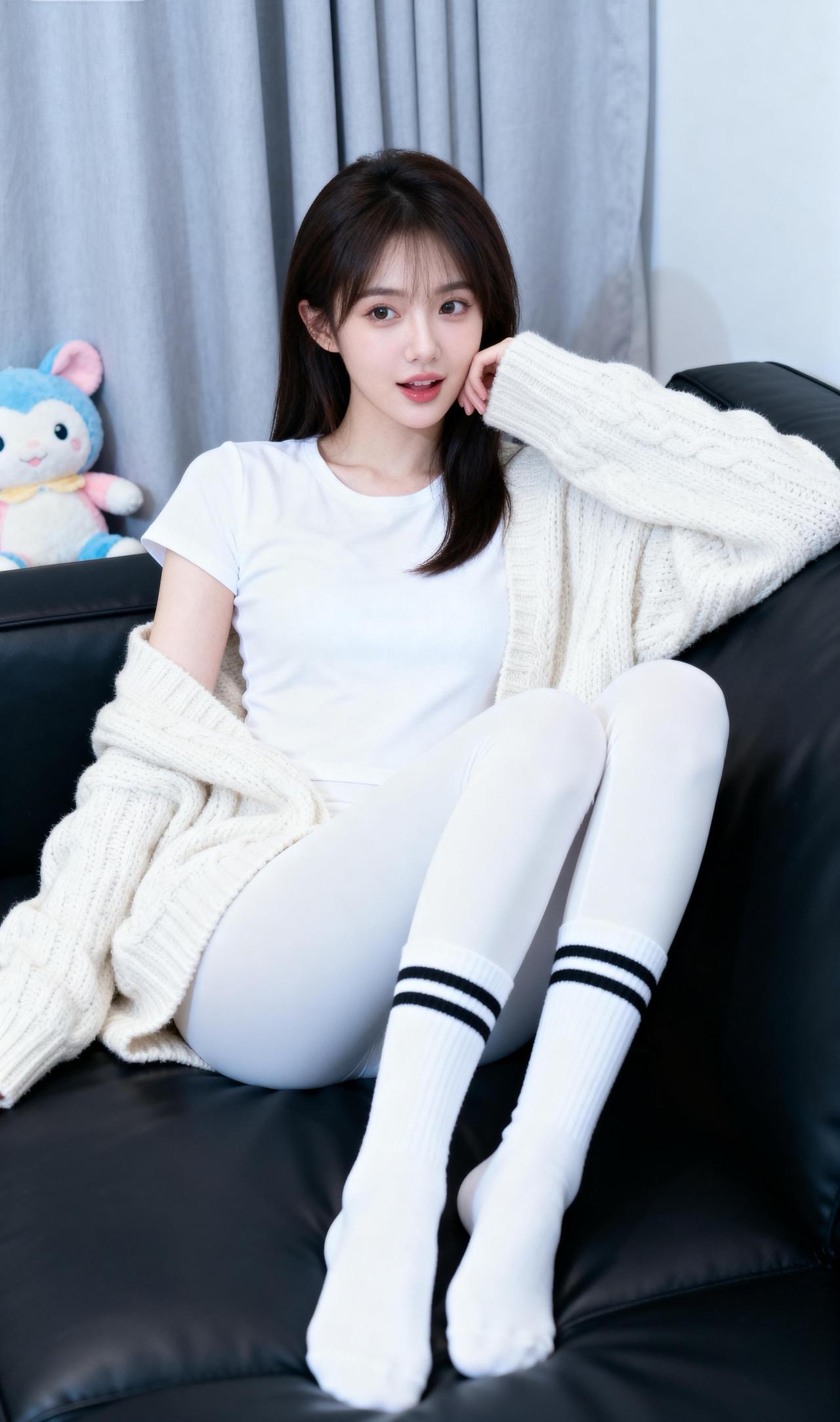 一个女孩坐在沙发上，嘟着嘴卖萌。性感小睡姿美女自拍清纯美女＃