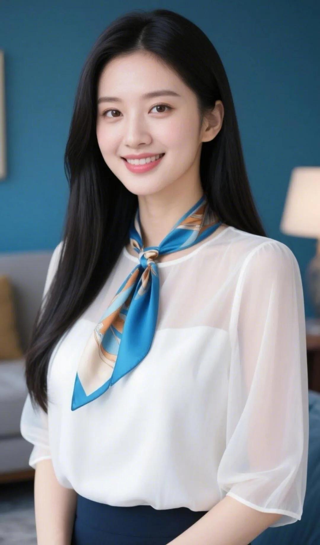 优雅蓝白丝巾，甜美笑容，气质满满！🌟✨