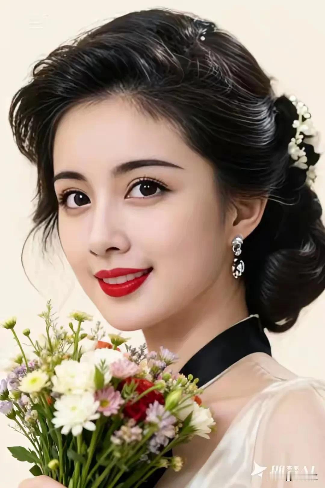 卷发黑丝绾成韵，唇染朱砂胜花娇。眸若星子歉秋波，肌肤胜雪映良宵。