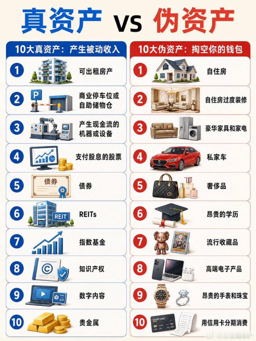 真资产可以带来现金流；伪资产持续消耗金钱、不断贬值。