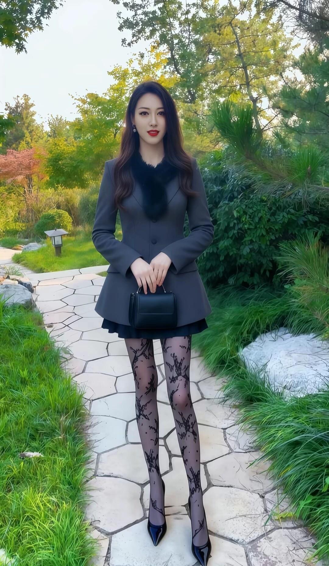 优雅职场风，黑色套装搭配透视丝袜，尽显女性魅力！👠💄🌿