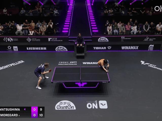 2025WTT蒙彼利埃冠军赛11：9拿下第一局后，疯狂怒吼的小莫以及背景里撂拍子