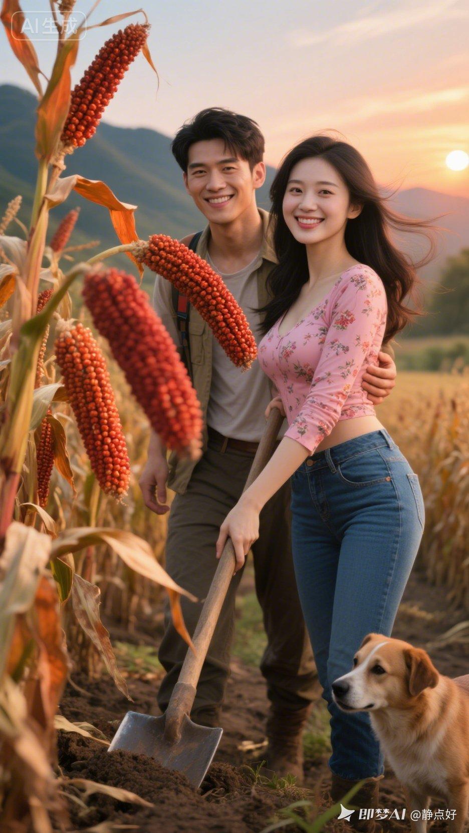 一对情侣在田间劳作，笑得真开心！
