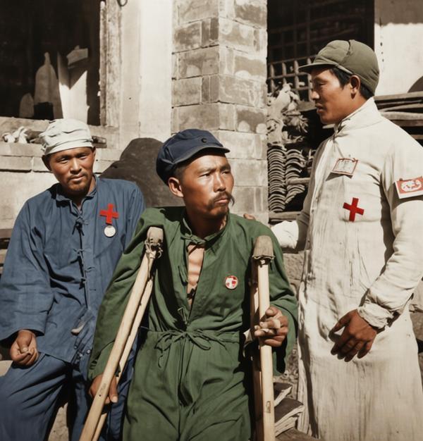 这张1938年10月白求恩拍摄于河北平山县的照片，记录了八路军军医林金亮照料日本