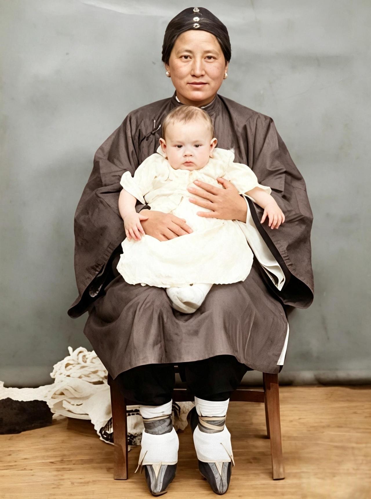 这是百年前一名长相周正、干净利索的小脚妇女抱着一个外国孩子。这位妇女正是这个外国