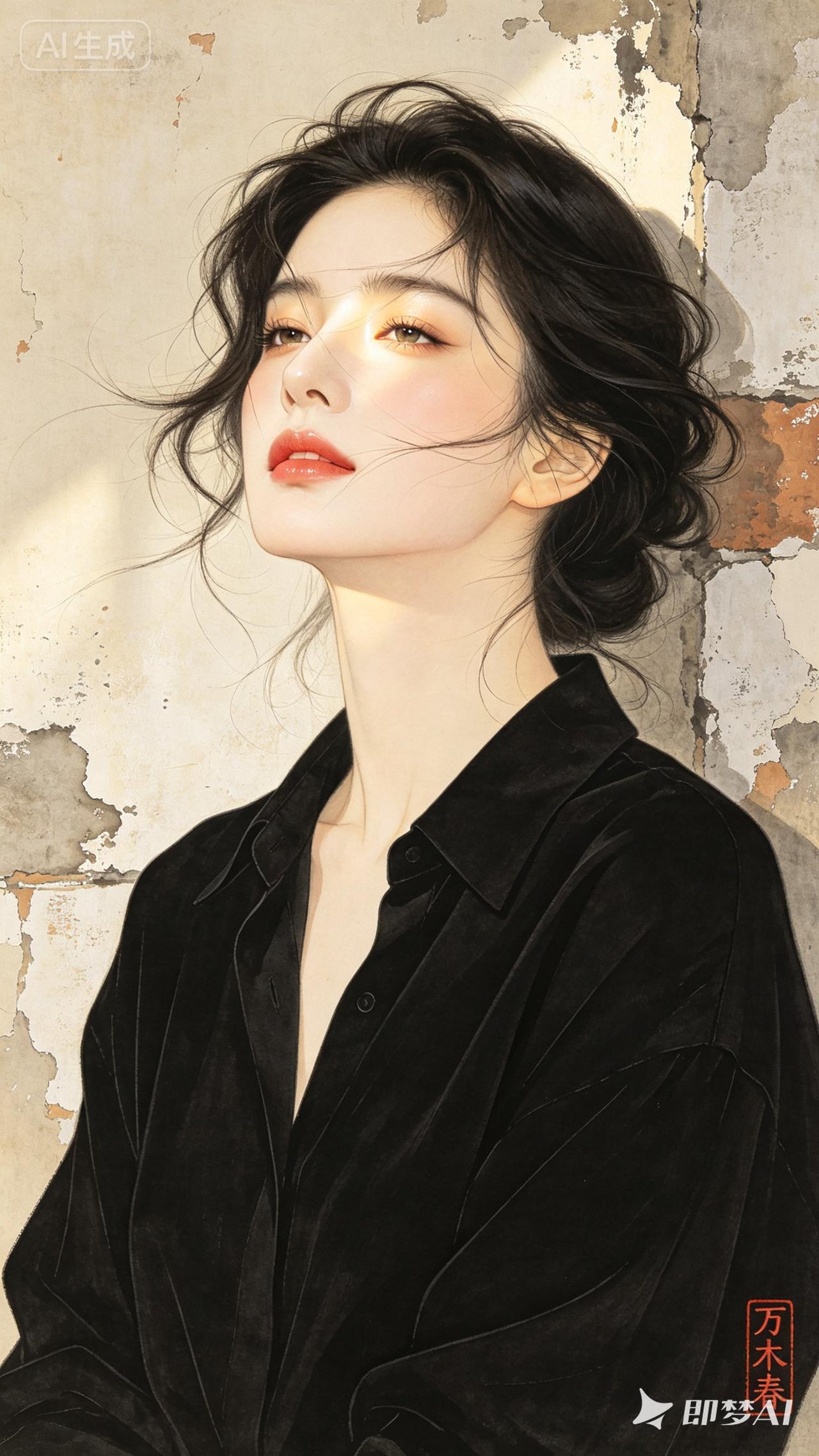 这是一位穿着黑色衬衫的漂亮姑娘。