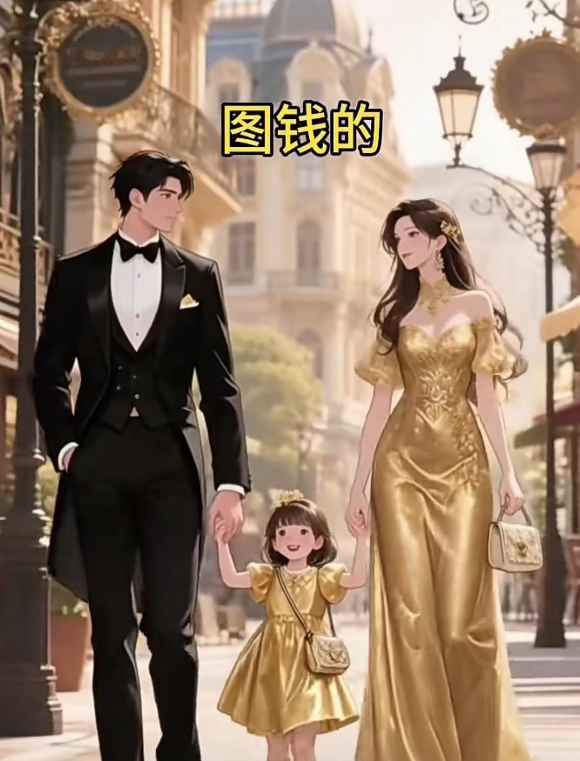 “图钱的”：鎏金礼服裹着精致，母女同款高定包攥在掌心，欧式街景衬着优雅的步幅，